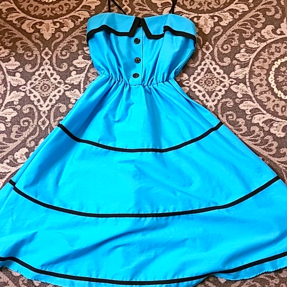 Chic Blue Midi Dress with Black Trim
